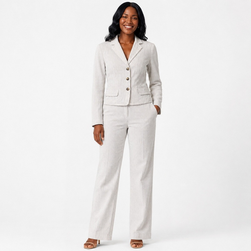 Isaac Mizrahi Pant Suit Seersucker Cotton Womens 10 Blue White 2 Piece Set